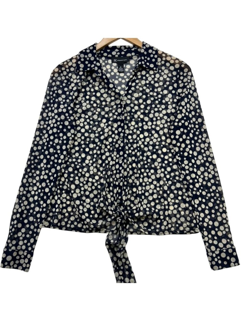 INC International Concepts Button-Up Blouse Tie Waist Sz M Navy White Polka Dot